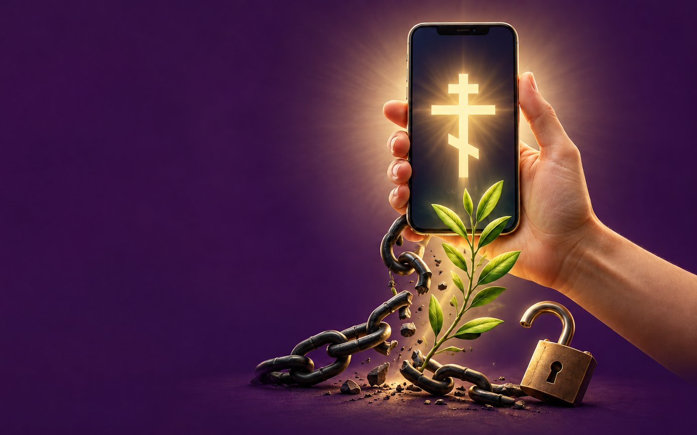 A hand holds a phone glowing with the Orthodox Cross, as chains break, a padlock falls open and a green shoot grows