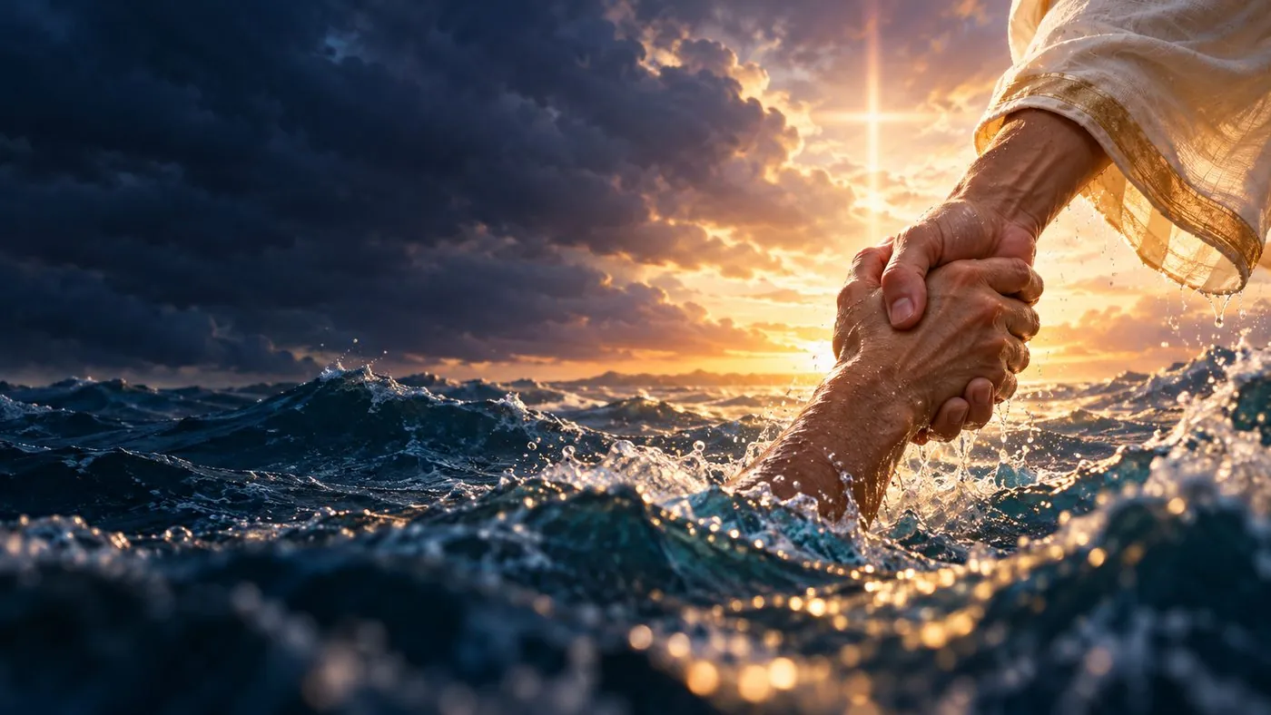 The Lord's hand reaching down to lift a hand out of the stormy sea