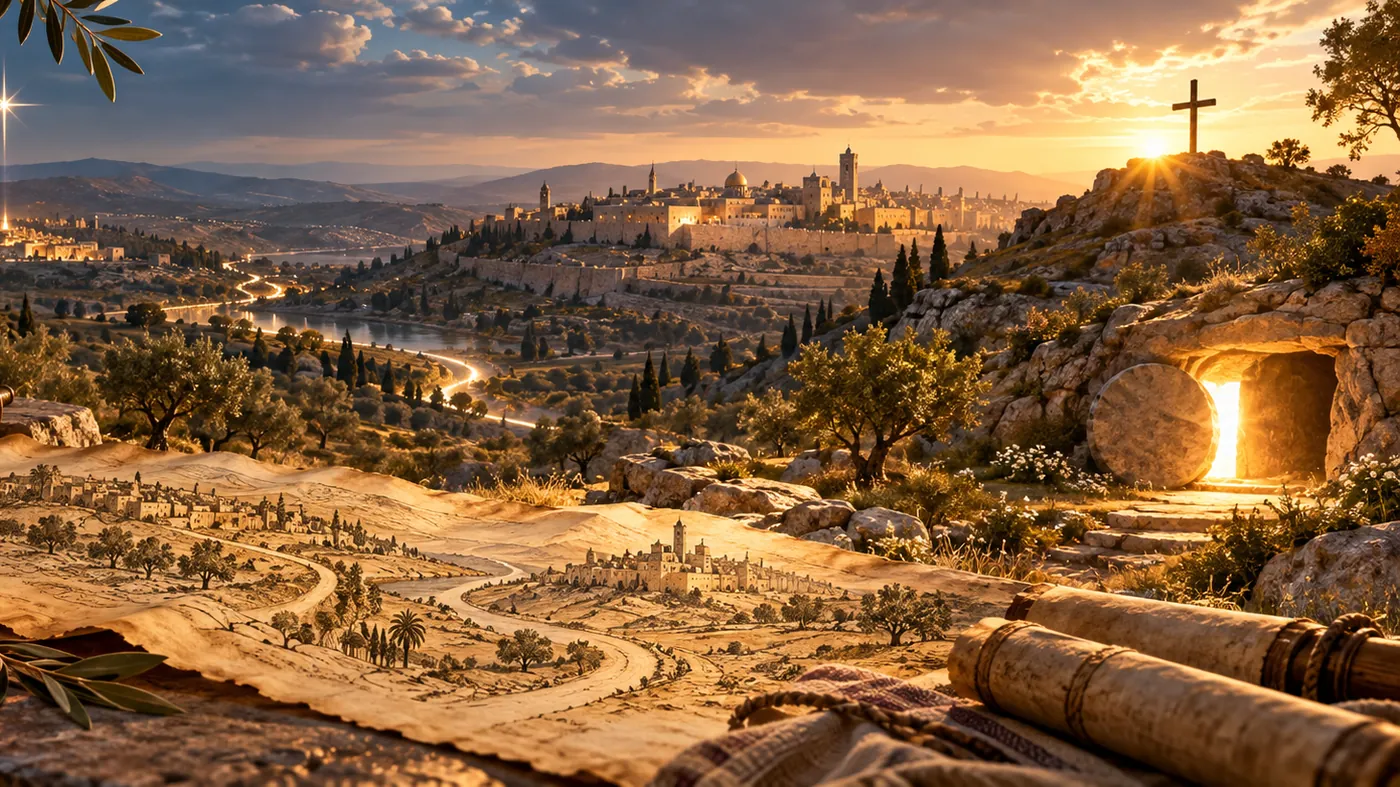 Ancient scrolls and a map of the Holy Land before Jerusalem, the Cross on the hill and the empty tomb at sunrise