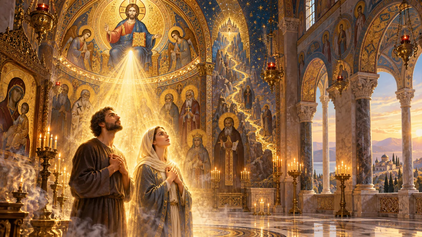 A man and a woman at prayer in an Orthodox church, beneath the icon of Christ, with the path of the saints rising to the heavenly city