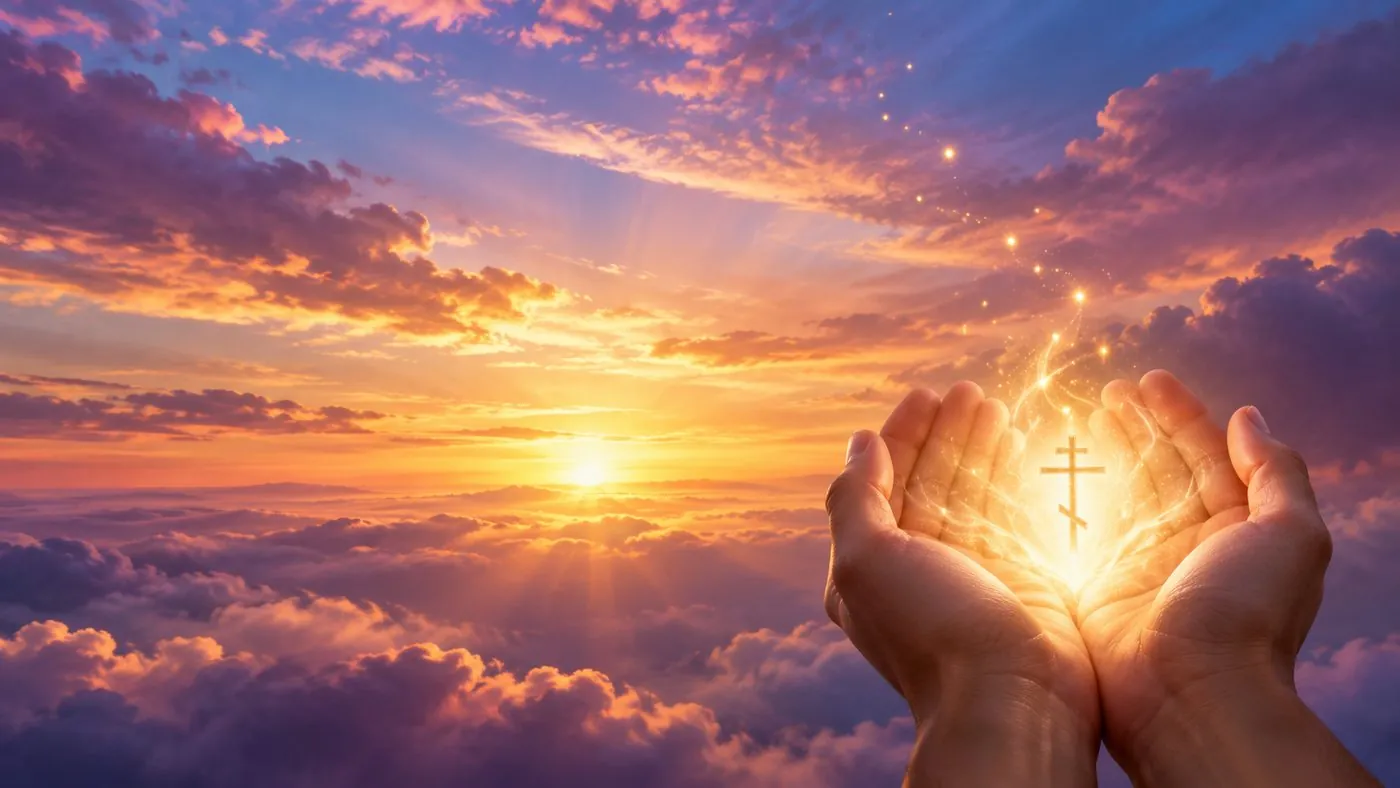 Open hands holding a glowing Orthodox cross against a sunrise sky
