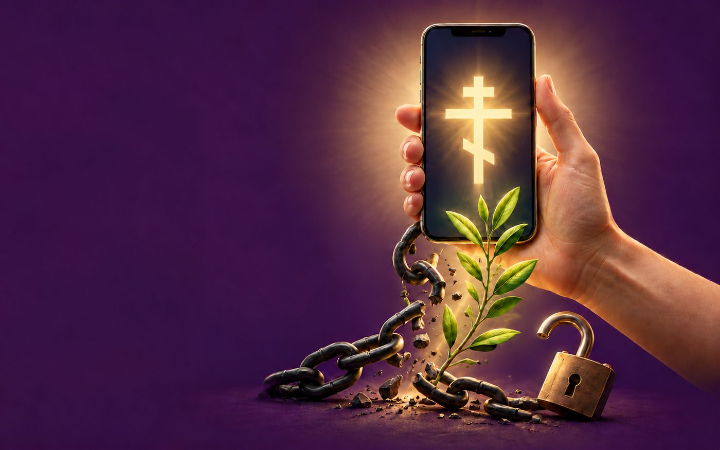 A hand holds a phone glowing with the Orthodox Cross, as chains break, a padlock falls open and a green shoot grows