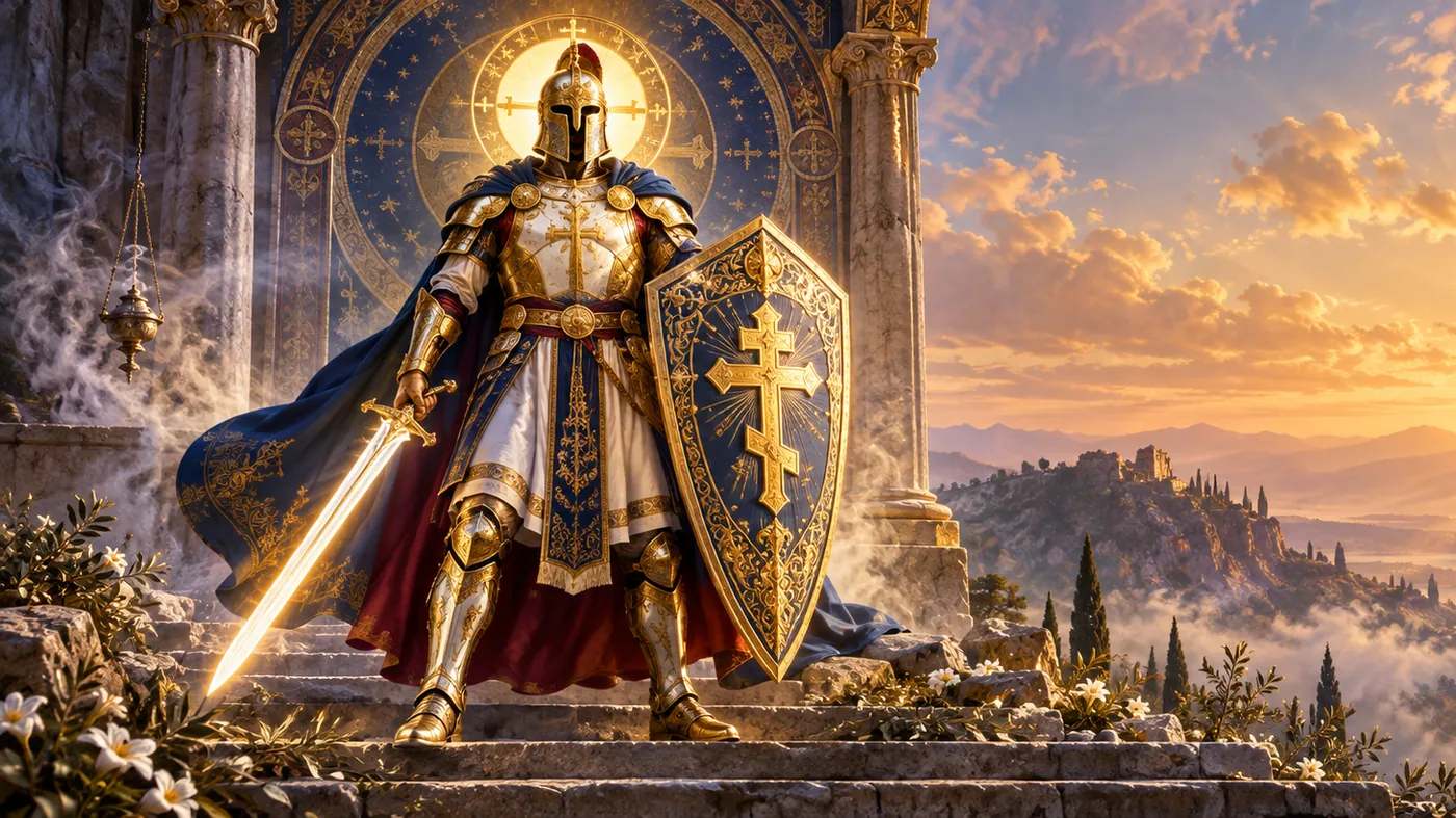 A soldier of Christ in the full armour of God, with the shield of faith and the sword of the Spirit, at sunrise