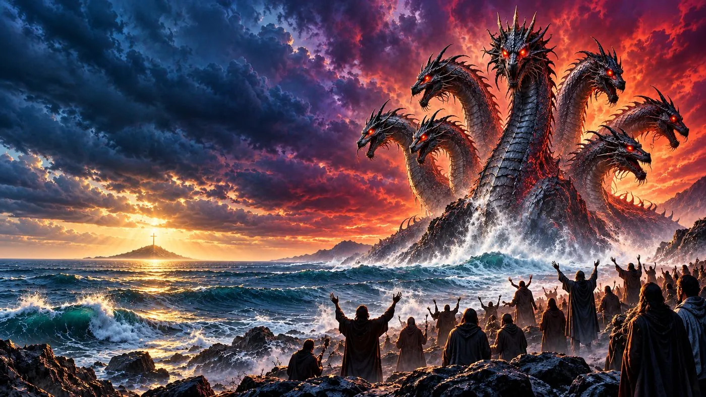 A many-headed beast rising from the sea as people stand firm, with the Cross shining in the distance