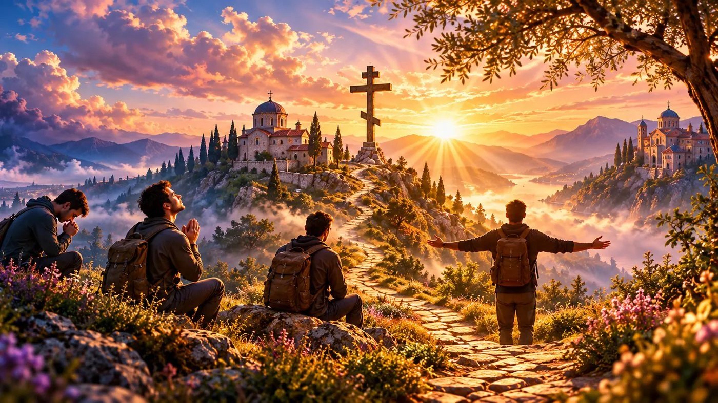 People on a hillside, some troubled and some praying, beside a path that leads up to the Cross
